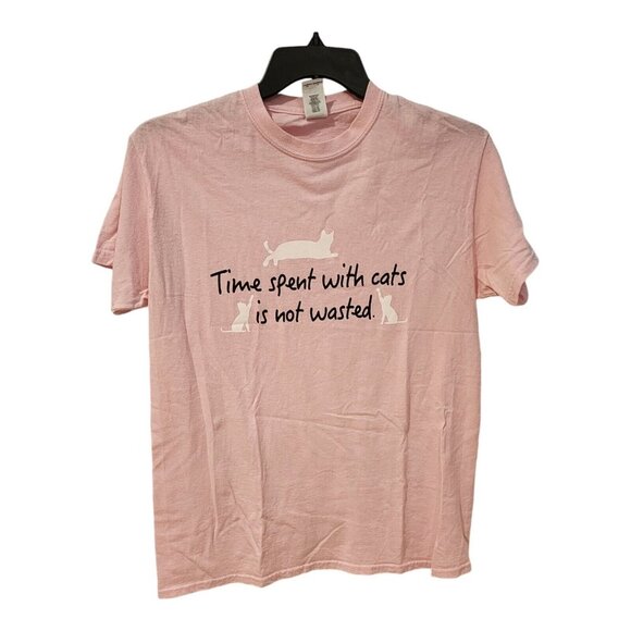 Women's Size Medium"Time Spent With Cats Is Not Wasted" Pink Shirt 100% COTTON - Picture 1 of 5